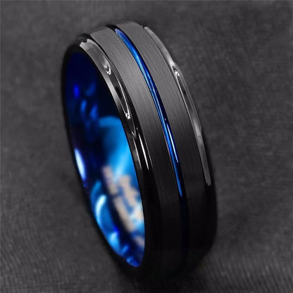 Black Tungsten Wedding Ring - 8mm Blue Groove Band