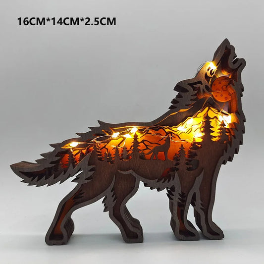 Wooden Wolf Statue with Light - 16x14cm American Style Decor