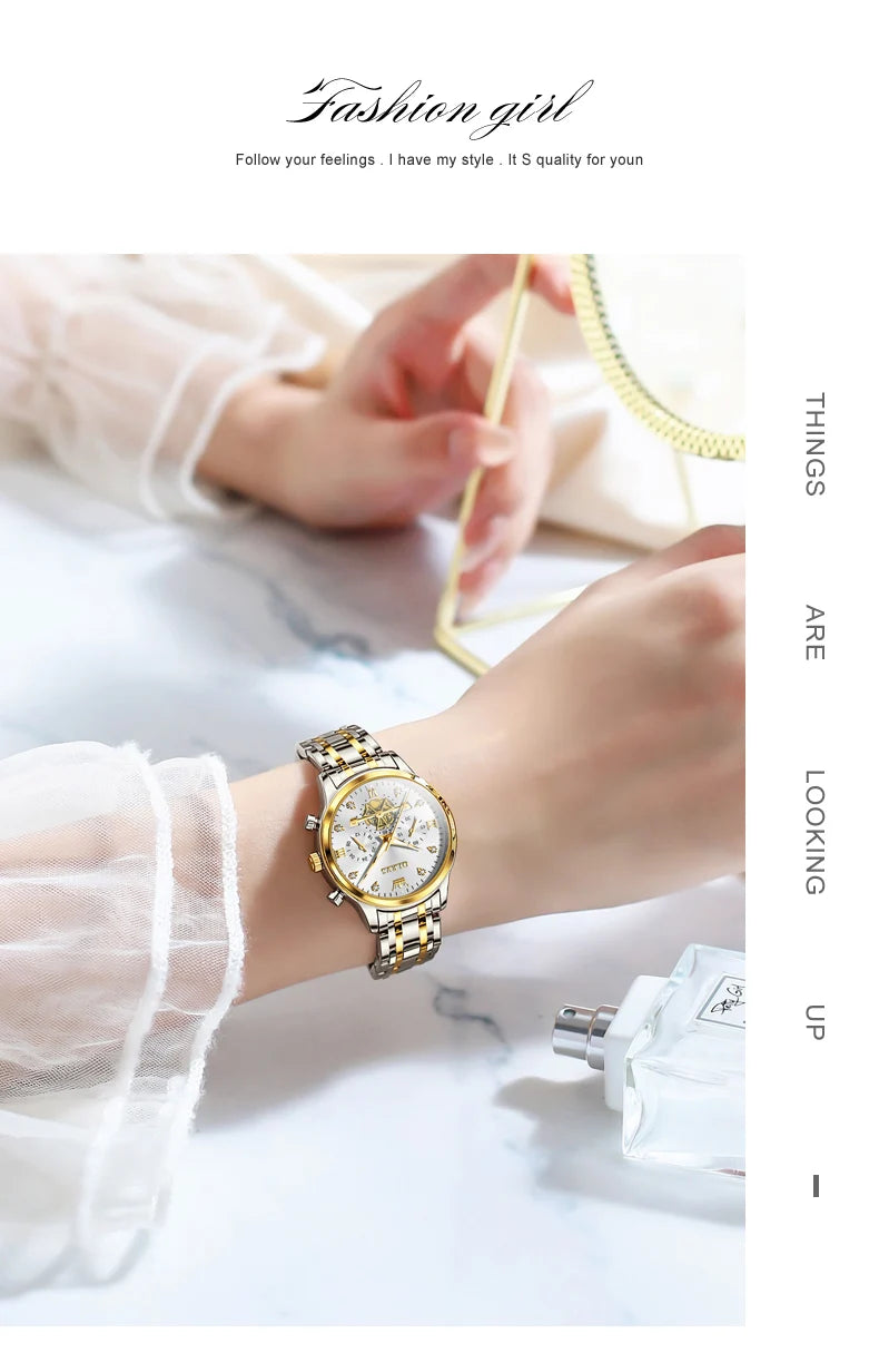 OLEVS 2859+2897 Couple Watch - Stainless Steel, Waterproof, Chronograph, Moon Phase, Flywheel