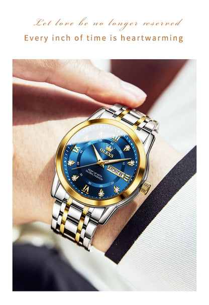 OLEVS 5513 Couple Watch - Stainless Steel, Waterproof, Luxury Gold Diamond, Lover's Pair