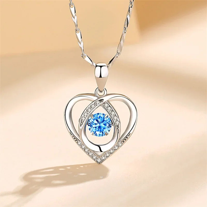 925 Sterling Silver Heart Necklace & Bracelet Set - Blue Crystal