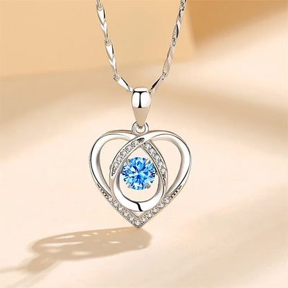 925 Sterling Silver Heart Necklace & Bracelet Set - Blue Crystal