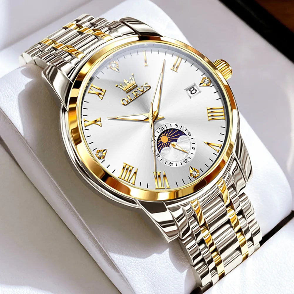 OLEVS Top Brand Men's Watches Fashion Original Quartz Watch for Man Waterproof Stainless Steel Luminous Wristwatch Moon Phase