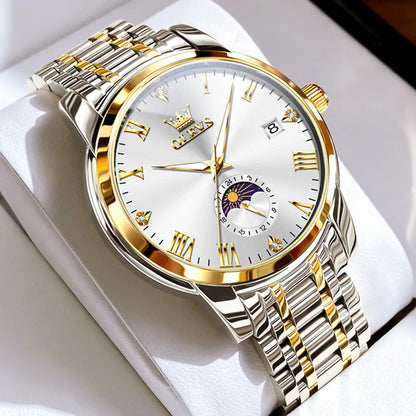 OLEVS Top Brand Men's Watches Fashion Original Quartz Watch for Man Waterproof Stainless Steel Luminous Wristwatch Moon Phase