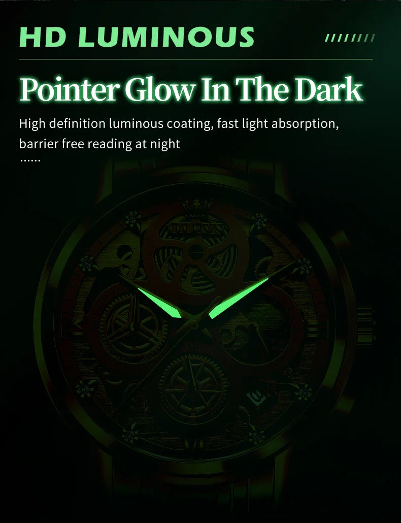 OLEVS 9947 Men's Watch - Luxury, Waterproof, Gold Skeleton, 24 Hour Day Night, Quartz