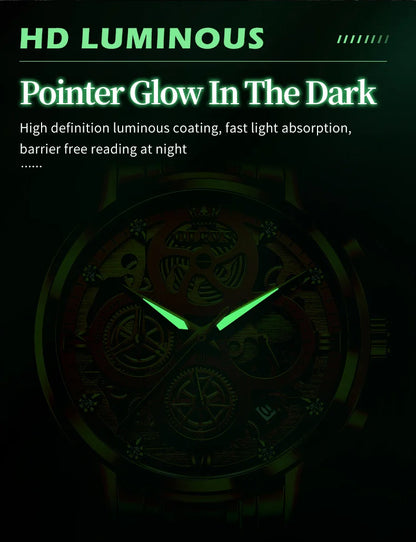 OLEVS 9947 Men's Watch - Luxury, Waterproof, Gold Skeleton, 24 Hour Day Night, Quartz