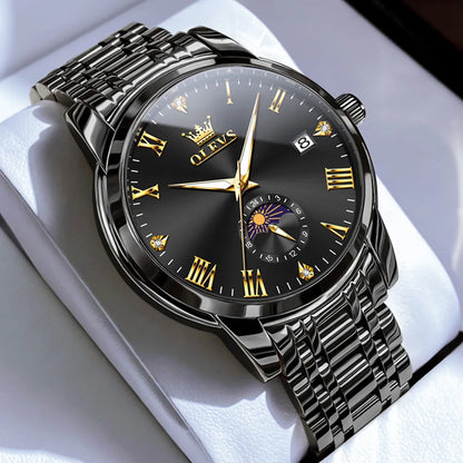 OLEVS Top Brand Men's Watches Fashion Original Quartz Watch for Man Waterproof Stainless Steel Luminous Wristwatch Moon Phase