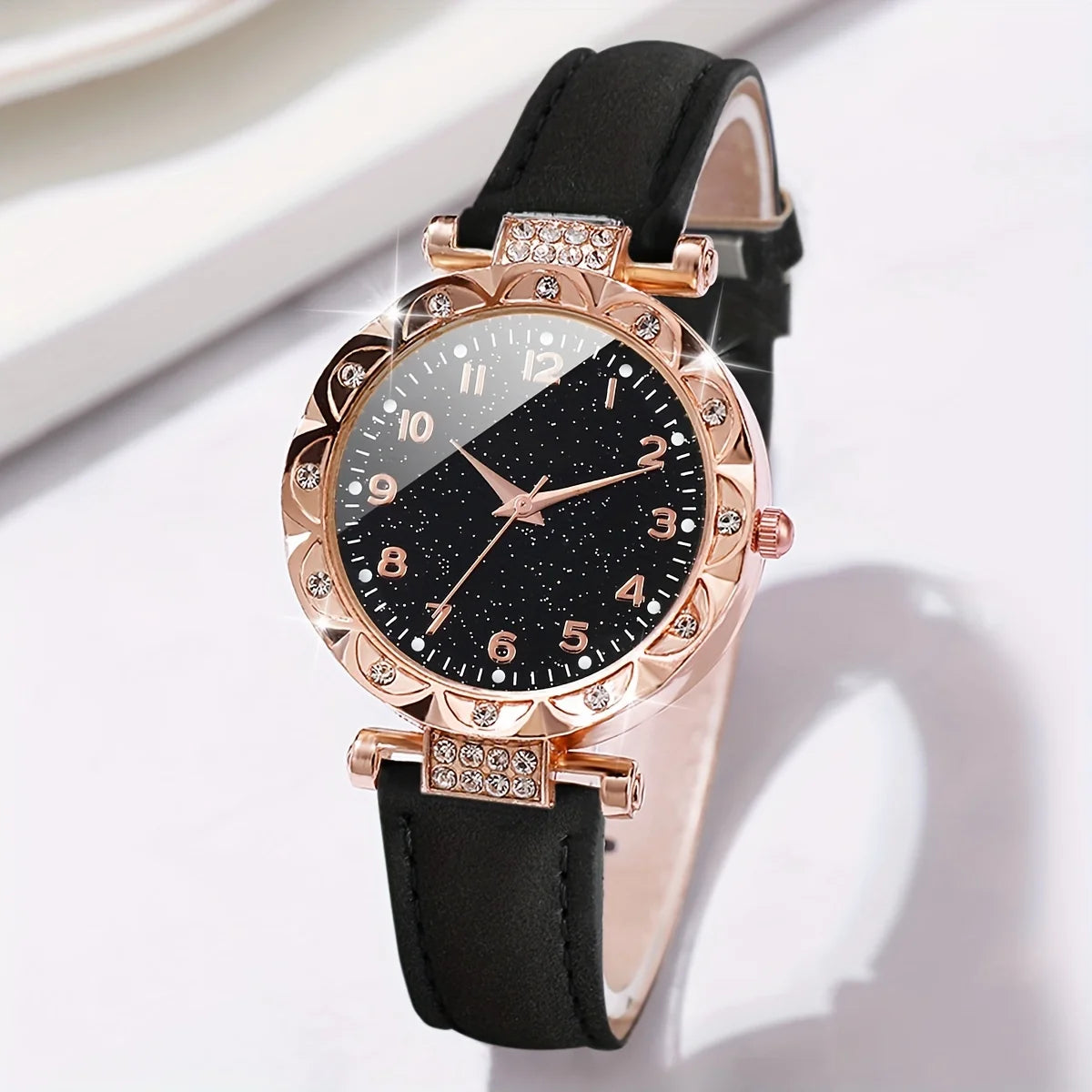 2pcs Women's Rhinestone Quartz Watch & Heart Bracelet Set - PU Leather, Arabic Numeral, 33mm