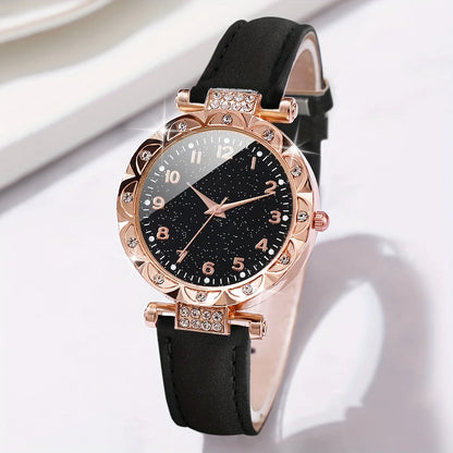 2pcs Women's Rhinestone Quartz Watch & Heart Bracelet Set - PU Leather, Arabic Numeral, 33mm