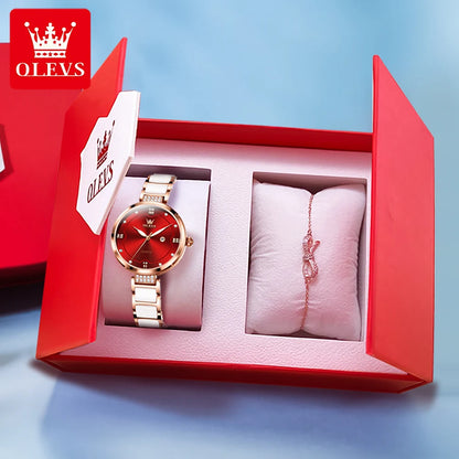 OLEVS 5589 Luxury Diamond Women's Watch - Ceramic Band, Roman Numeral, 3ATM, Bracelet Set