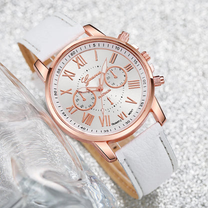 Women's 6pcs Quartz Watch & Diamond Jewelry Set - Leather Band, Roman Numeral, 42mm, No Box