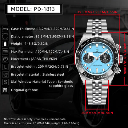 PAGANI DESIGN PD-1813 Chronograph Watch - Sapphire, 100M Waterproof, Luxury Sport