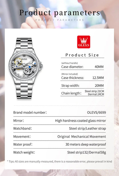 OLEVS 6699 Automatic Mechanical Watch - Transparent 40mm Big Dial, Bracelet Set, Luxury