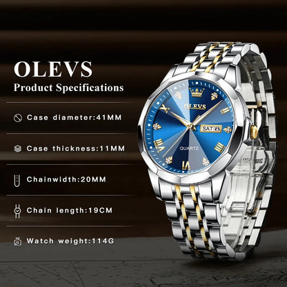 OLEVS 9931 Men's Watch - Rhombus Mirror, Waterproof, Luminous, Stainless Steel, Date Week