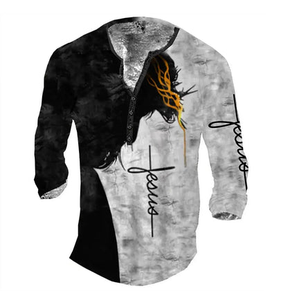 3D Wolf Men's T-Shirt - Polyester Long Sleeve Henry Collar