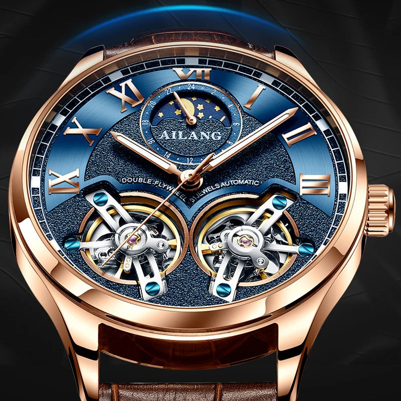 AILANG AL-8822 Double Flywheel Automatic Watch - Moon Phase, Transparent Back, Luxury