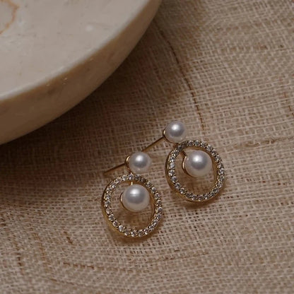 14K Gold Stud Earrings - Zircon and Pearl Twist Design