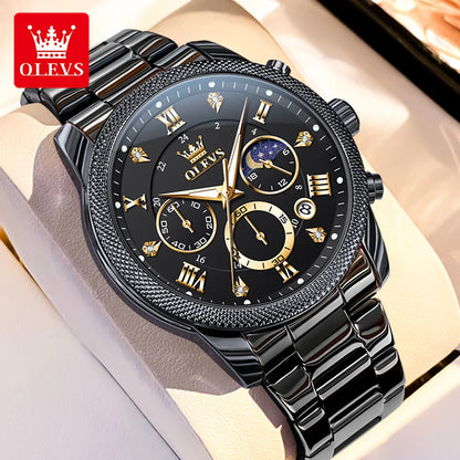 OLEVS 3660 Men's Watch - Moon Phase, Chronograph, Leather Strap, Waterproof, Anti-Magnetic