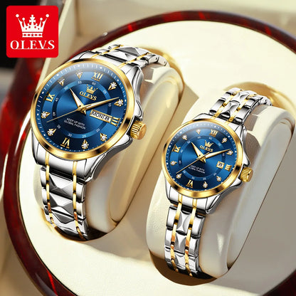 OLEVS 2906 Couple Watch - Roman Scale, Diamond Dial, Rhombus Strap, Waterproof