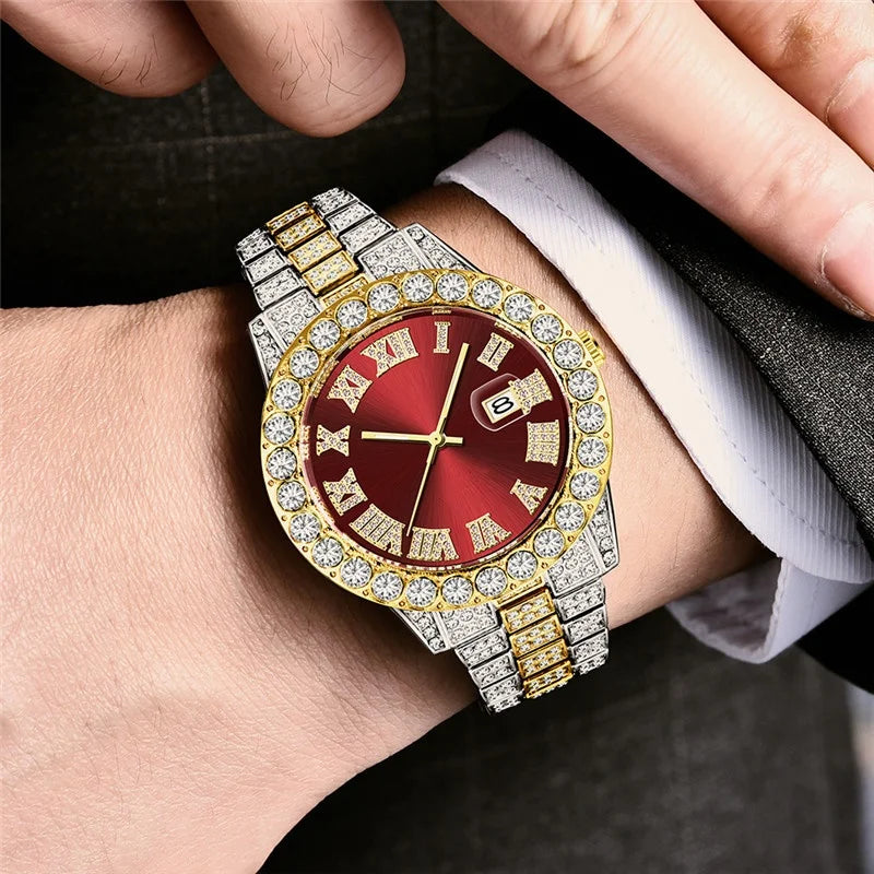 TVK Unisex Rhinestone Quartz Watch - Roman Numeral, Stainless Steel, Auto Date, Shock Resistant
