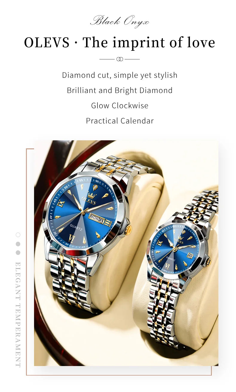 OLEVS 9998 Couple Watches - Rhombus Mirror, Luminous Date, Waterproof