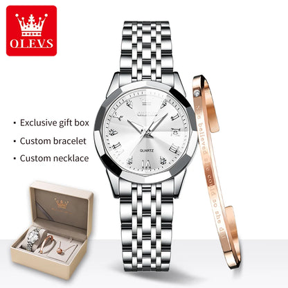 OLEVS 9931 Women's Watch - Stainless Steel, Dual Calendar, Luxury, Waterproof, Jewelry Set