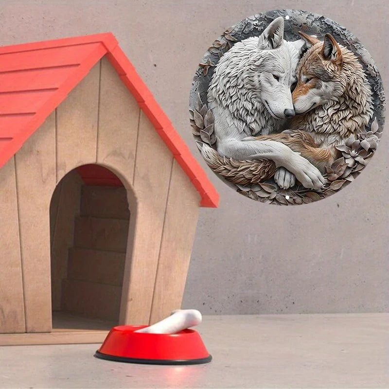 Wolf Couple Metal Wall Art - 8" Aluminum Round