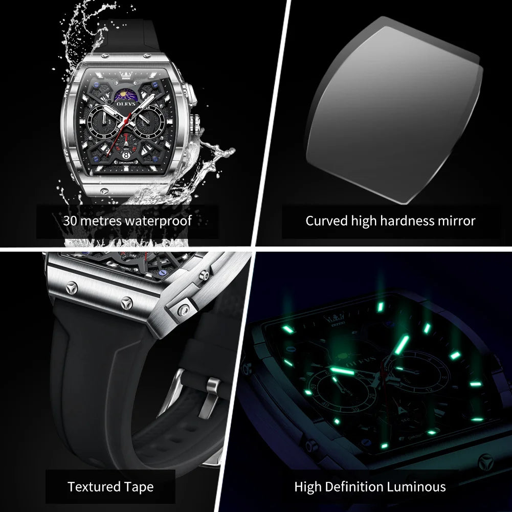 OLEVS 2492 Men's Watch - Tonneau Hollow Out, Moon Phase, Waterproof, Luminous, Silicone