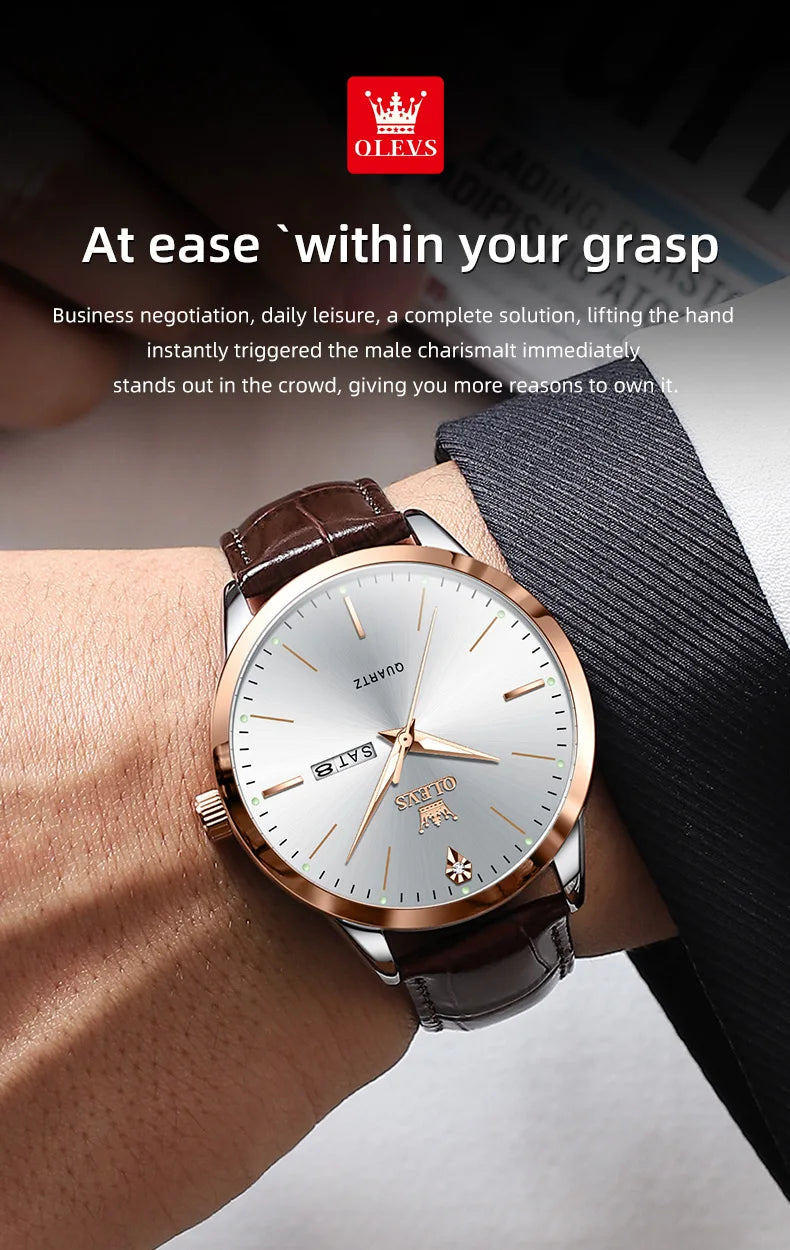 OLEVS 2935 Luxury Men's Watch - Roman Numeral, Auto Date, Shock Resistant, 3ATM, Leather Strap