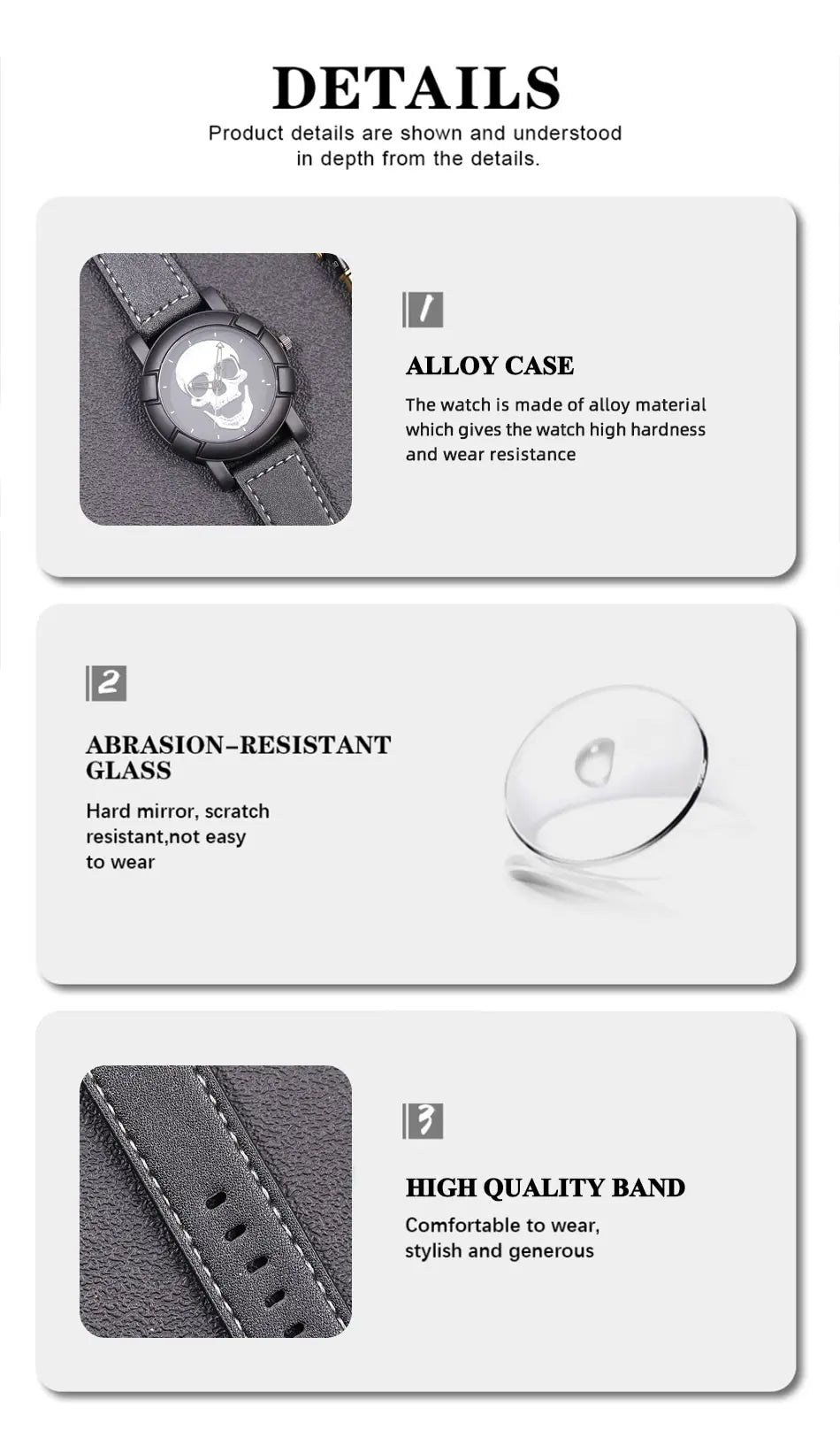 DEYROS 3pcs Men's Skull Quartz Watch Set - Watch, Necklace & Bracelet, Stainless Steel, Hardlex