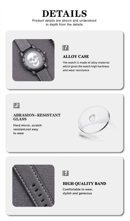 DEYROS 3pcs Men's Skull Quartz Watch Set - Watch, Necklace & Bracelet, Stainless Steel, Hardlex