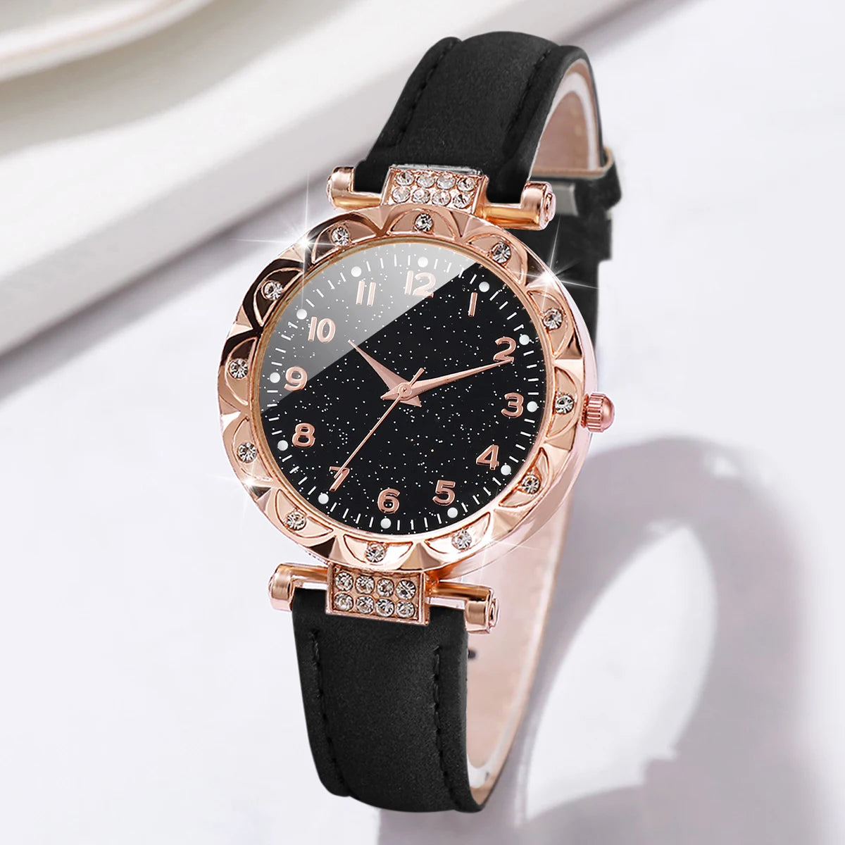 2pcs Women's Rhinestone Quartz Watch & Heart Bracelet Set - PU Leather, Arabic Numeral, 33mm