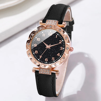 2pcs Women's Rhinestone Quartz Watch & Heart Bracelet Set - PU Leather, Arabic Numeral, 33mm