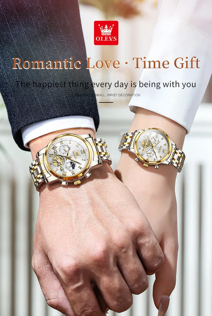 OLEVS 2859+2897 Couple Watch - Stainless Steel, Waterproof, Chronograph, Moon Phase, Flywheel