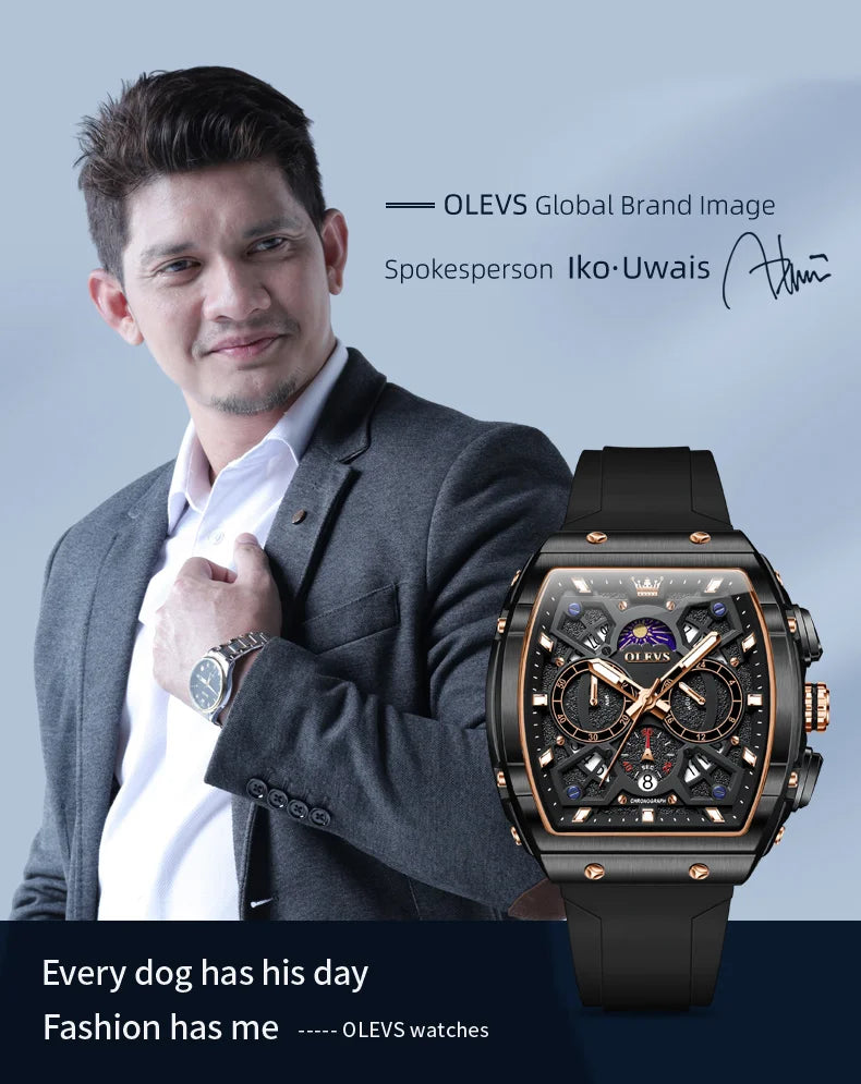 OLEVS 2492 Men's Watch - Tonneau Hollow Out, Moon Phase, Waterproof, Luminous, Silicone