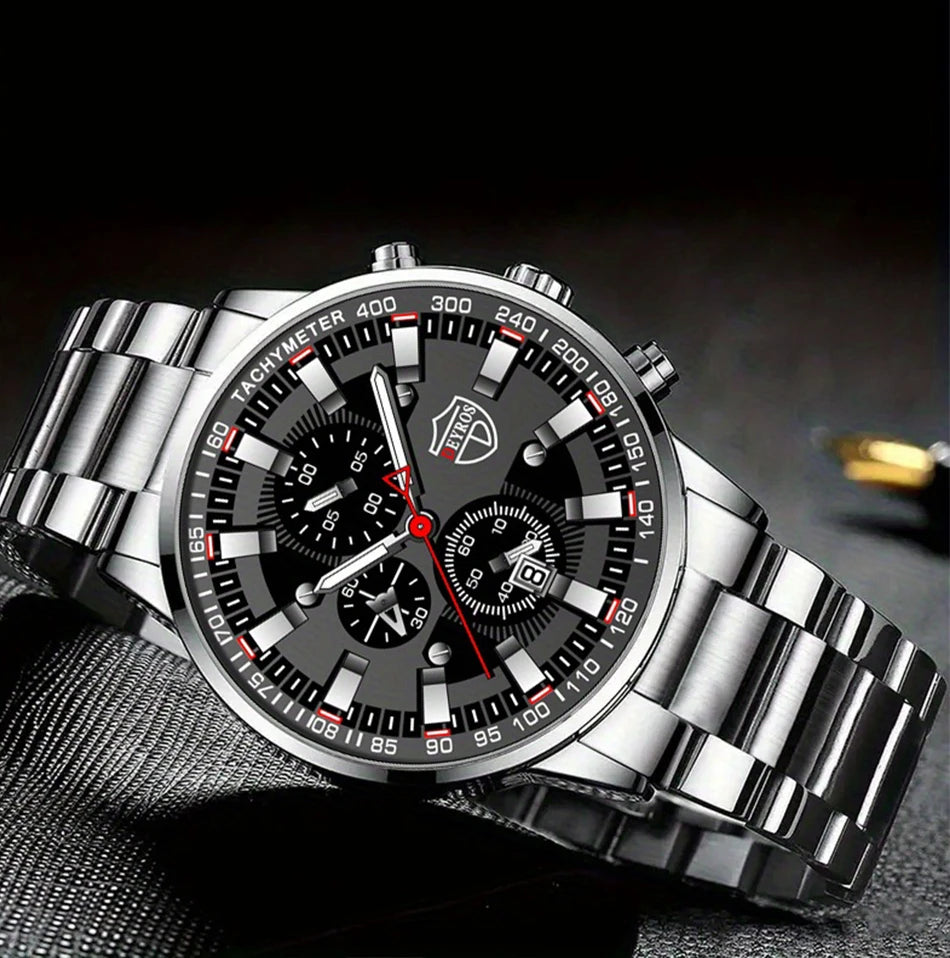 DEYROS Men's Luxury Quartz Watch - Stainless Steel Band, Numberless Dial, Bracelet Clasp
