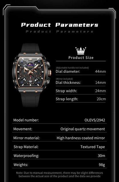 OLEVS 2492 Men's Watch - Tonneau Hollow Out, Moon Phase, Waterproof, Luminous, Silicone