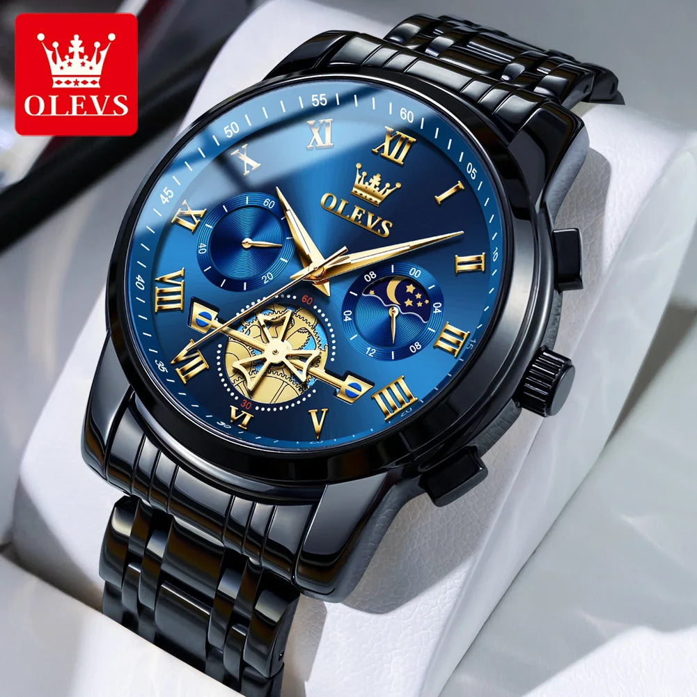 OLEVS 2859+2897 Couple Watch - Stainless Steel, Waterproof, Chronograph, Moon Phase, Flywheel