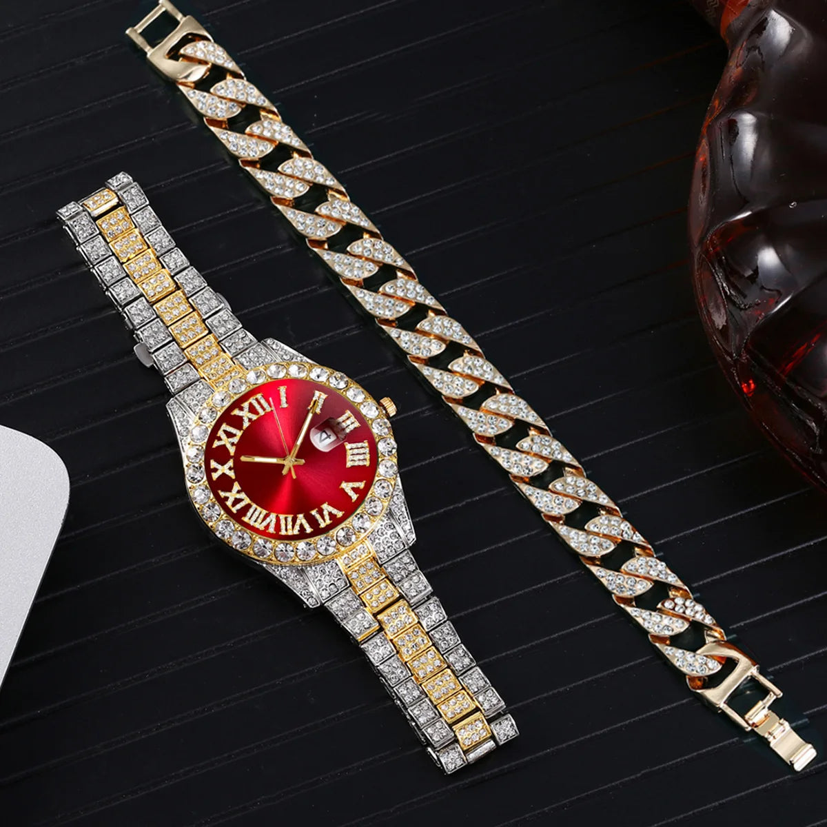 TVK Unisex Rhinestone Quartz Watch - Roman Numeral, Stainless Steel, Auto Date, Shock Resistant