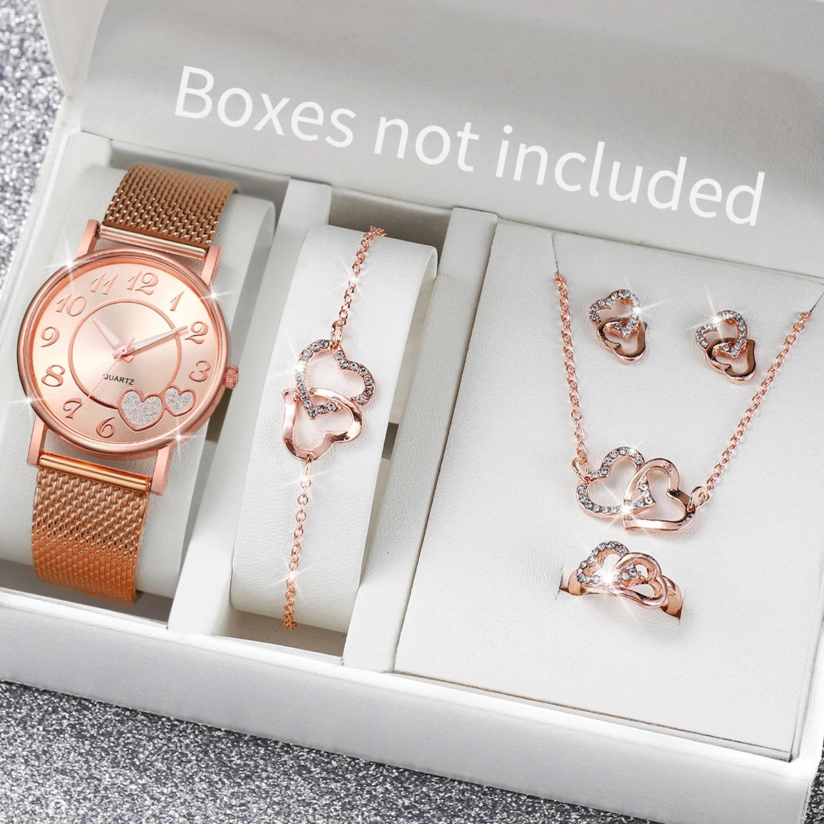 Women's Heart Dial Quartz Watch & Rhinestone Heart Jewelry Set - Plastic Band, 38mm, No Box