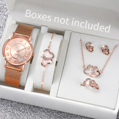 Women's Heart Dial Quartz Watch & Rhinestone Heart Jewelry Set - Plastic Band, 38mm, No Box