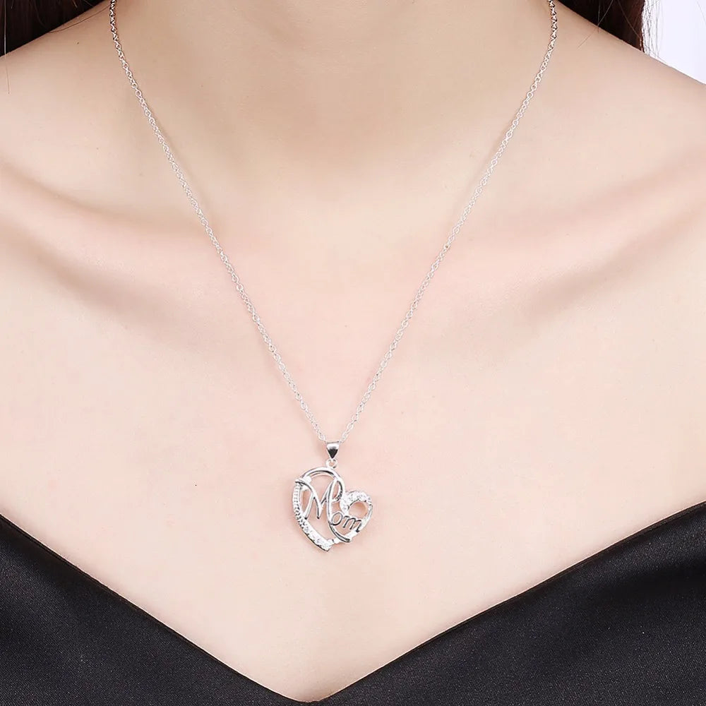 Mom Heart Pendant Necklace – 925 Sterling Silver, AAA Zircon Crystal