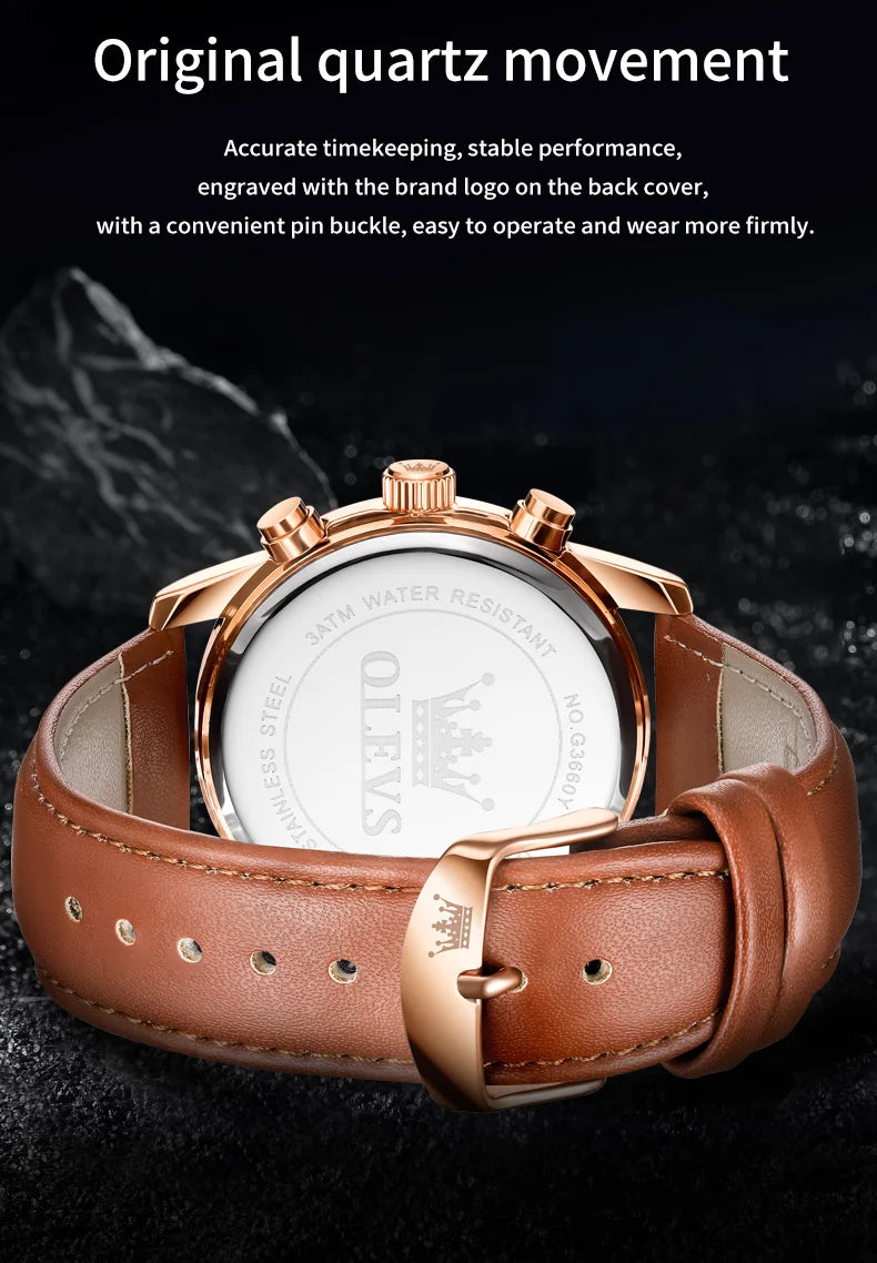 OLEVS 3660 Men's Watch - Moon Phase, Chronograph, Leather Strap, Waterproof, Anti-Magnetic