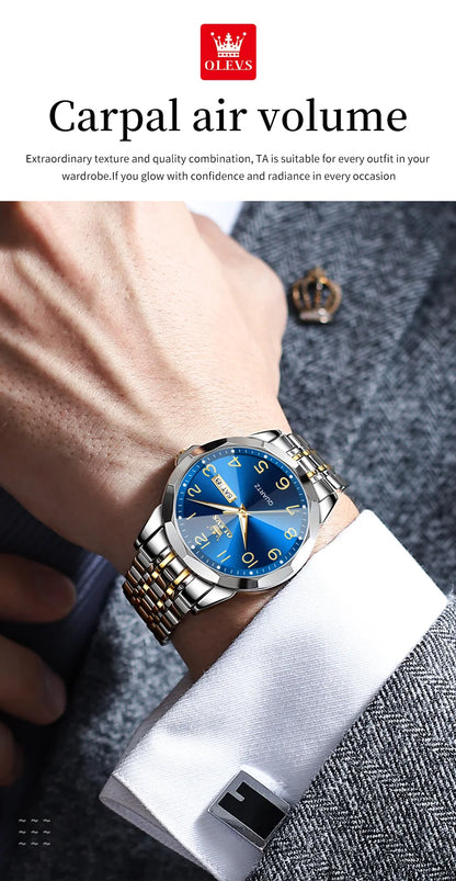 OLEVS 9970 Couple Watch - Luxury, Stainless Steel, Waterproof, Calendar, Digital Dial, Rhombus Mirror