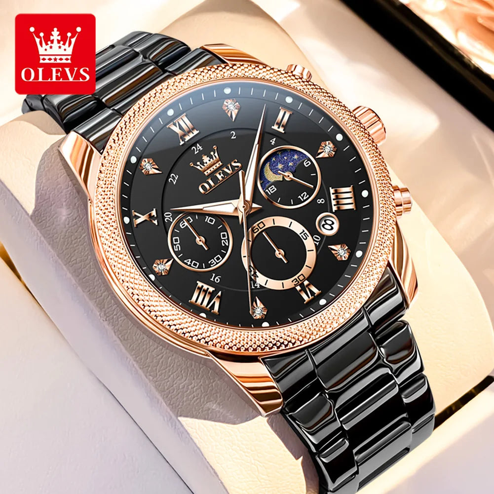 OLEVS 3660 Men's Watch - Moon Phase, Chronograph, Leather Strap, Waterproof, Anti-Magnetic