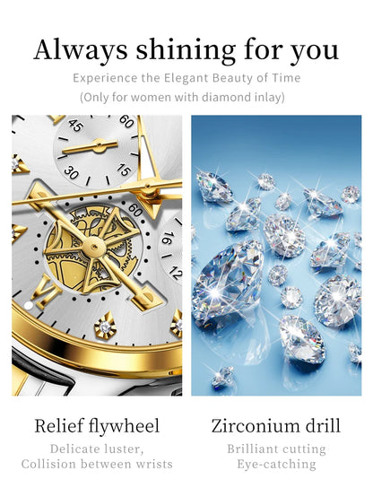 OLEVS 2859+2897 Couple Watch - Stainless Steel, Waterproof, Chronograph, Moon Phase, Flywheel