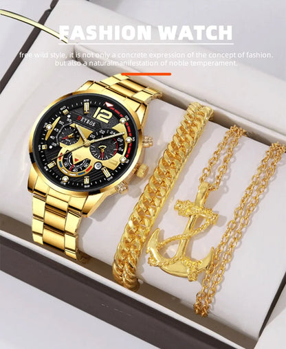 DEYROS 3pcs Men's Quartz Watch, Necklace & Bracelet Set - Stainless Steel, Hardlex, Auto Date