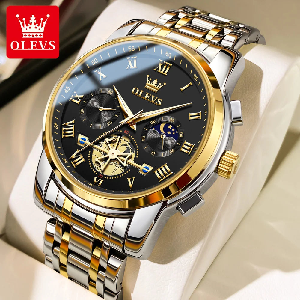 OLEVS 2859+2897 Couple Watch - Stainless Steel, Waterproof, Chronograph, Moon Phase, Flywheel