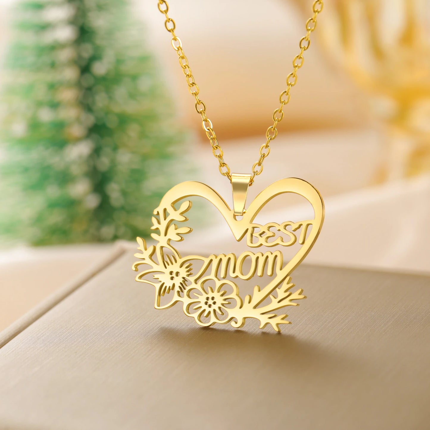 Mom Heart Flower Pendant Necklace – Stainless Steel, Gold & Silver, 45cm