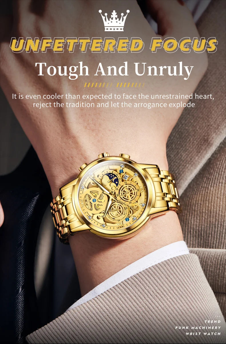 OLEVS 9947 Men's Watch - Luxury, Waterproof, Gold Skeleton, 24 Hour Day Night, Quartz